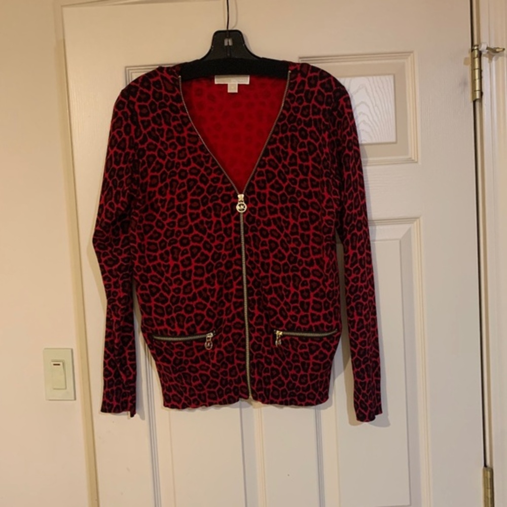 Michael Kors Red/Black Leopard Cardigan Sweater sz M